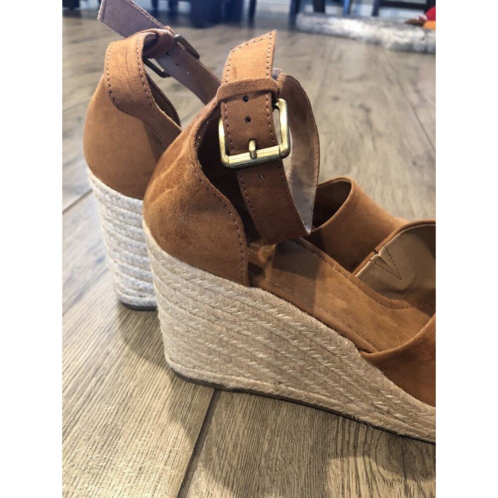 Espadrille Wedge Sz 10 Caramel‎ Brown Ankle Strap Sandal 3.5” Heel 1.5” platform - Picture 11 of 12
